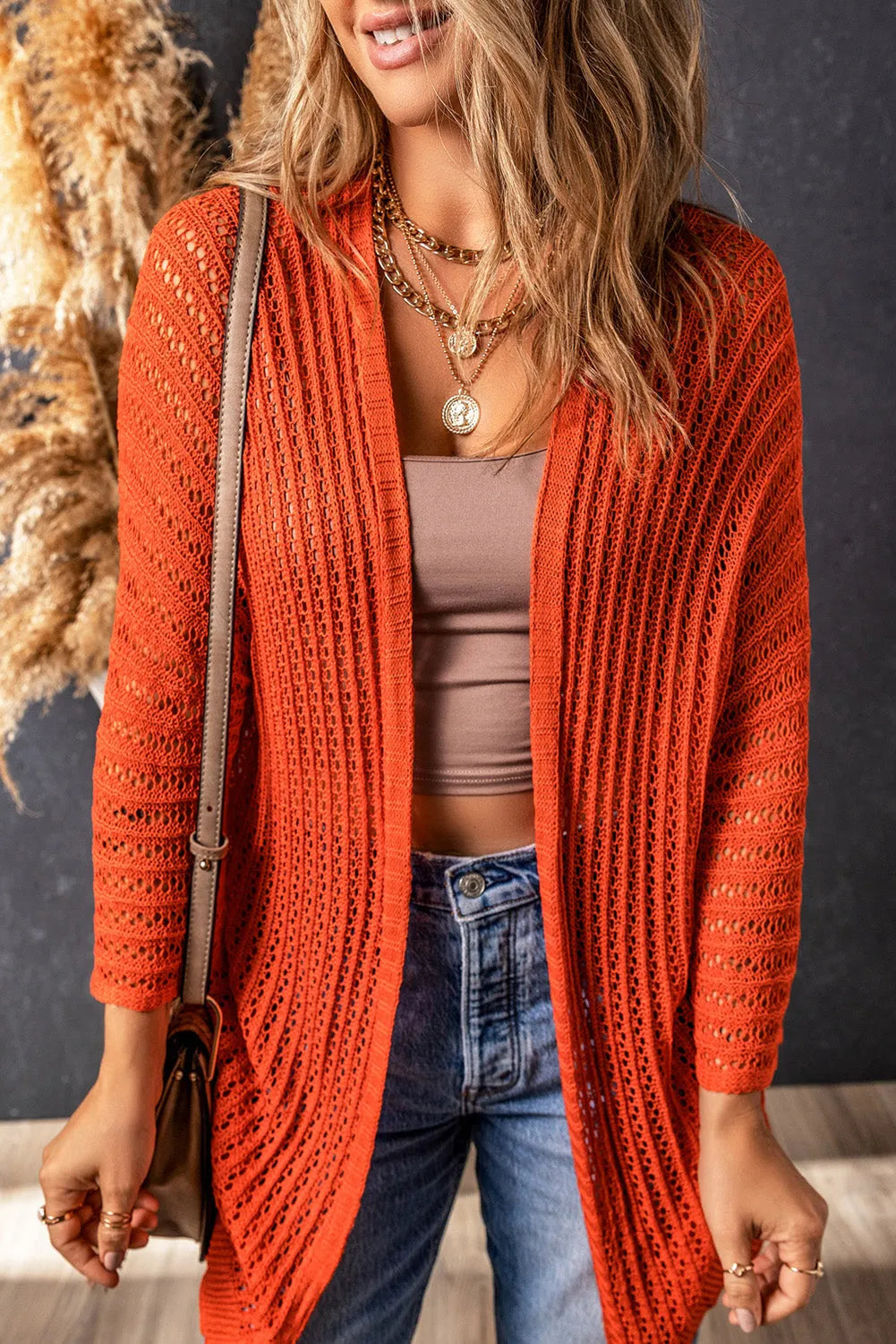 Orange Hollow-out Knit Kimono Lightweight Cardigan - Chic Meadow Boutique 