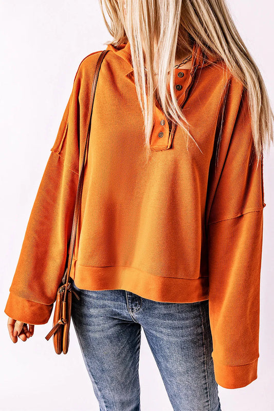 Orange Casual Button Solid Patchwork Trim Hoodie - Chic Meadow Boutique 