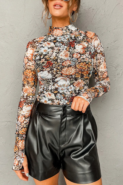 Brown Floral Long Sleeve High Neck Sheath Mesh Blouse - Chic Meadow Boutique 