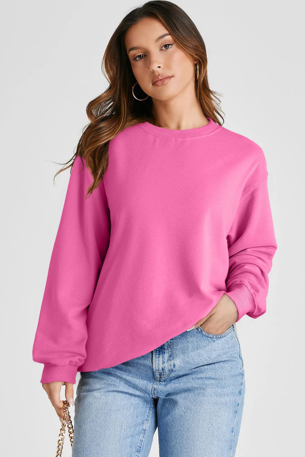 Bonbon Plain Drop Shoulder Crewneck Pullover Sweatshirt - Chic Meadow Boutique 