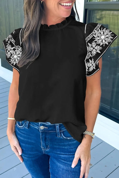 Black Embroidered Ruffled Sleeve Frilled Collar Blouse - Chic Meadow Boutique 