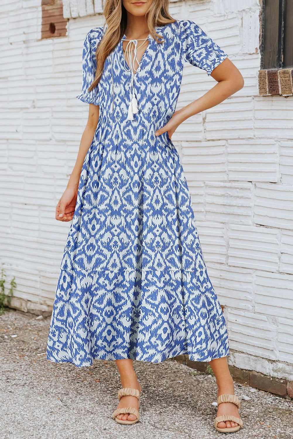 Sky Blue V Neck Casual Geometric Print Maxi Dress - Chic Meadow Boutique 