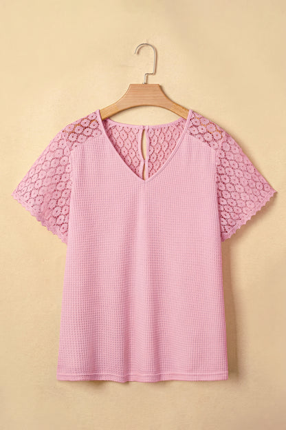 Pink Lace Splicing Button Cutout V Neck Waffle Knit Blouse