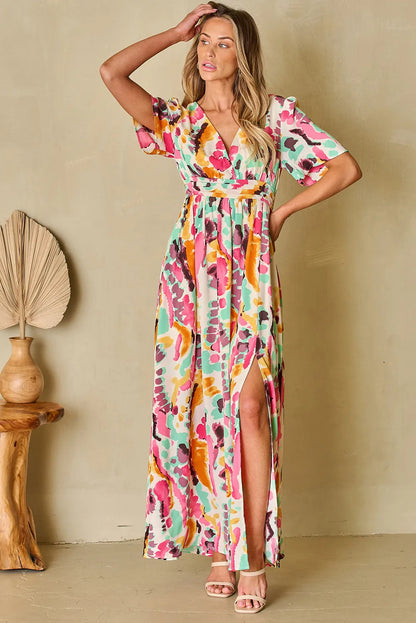 Pink Boho Tie-dye Print V Neck Maxi Dress - Chic Meadow Boutique 