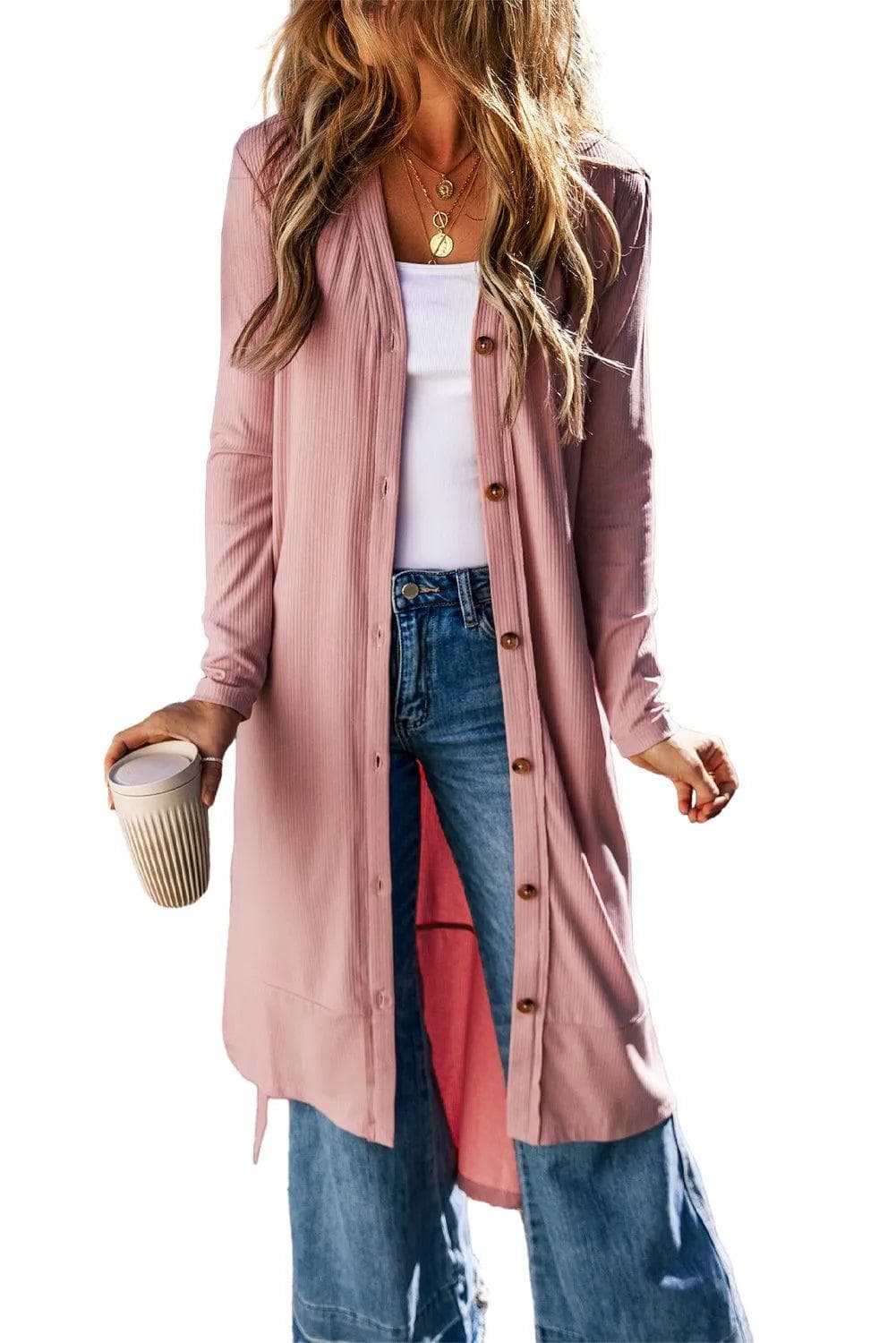 Tops/Sweaters & Cardigans Pink Ribbed Button-Up Split Duster Cardigan