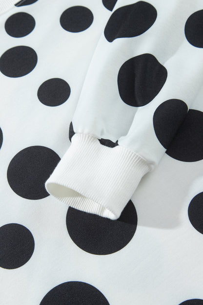 White Polka Dot Long Sleeve Top Drawstring Relaxed Pants Set