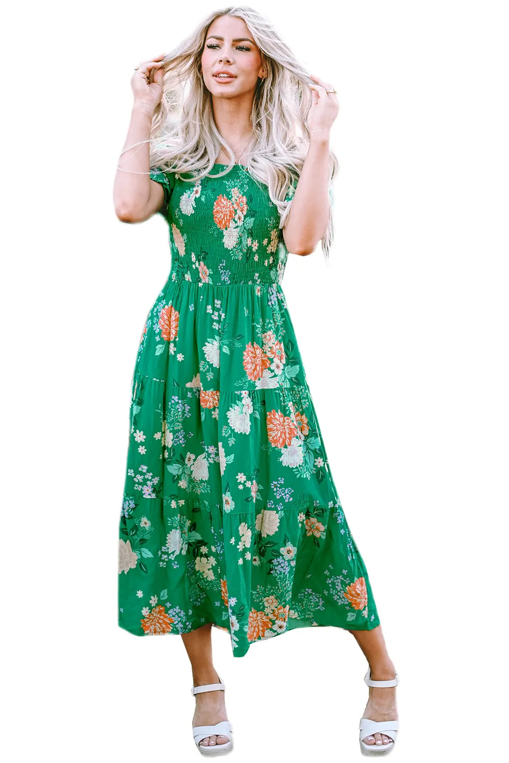 Green Floral Print Bubble Sleeve Smocked Tiered Midi Dress - Chic Meadow Boutique 