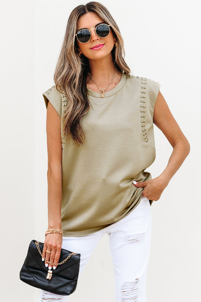 Sage Green Studded Cap Sleeve Round Neck T Shirt