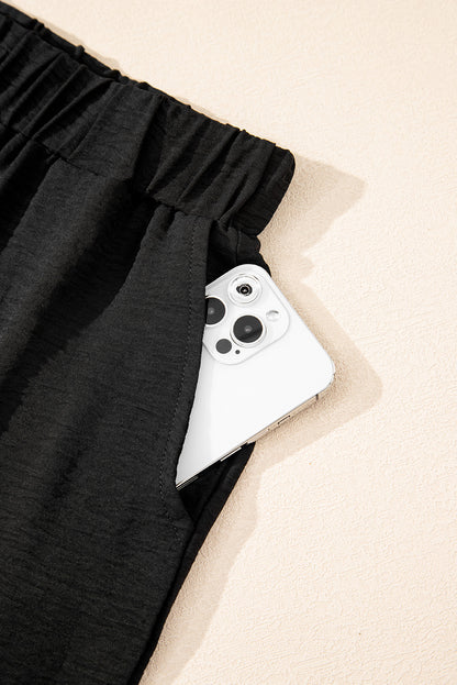 Black Buttoned Vest Drawstring Wide Leg Pants 2pcs Set