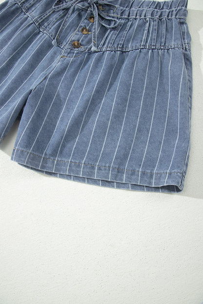 Sky Blue Stripe Drawstring Button Pleated High Waist Denim Shorts