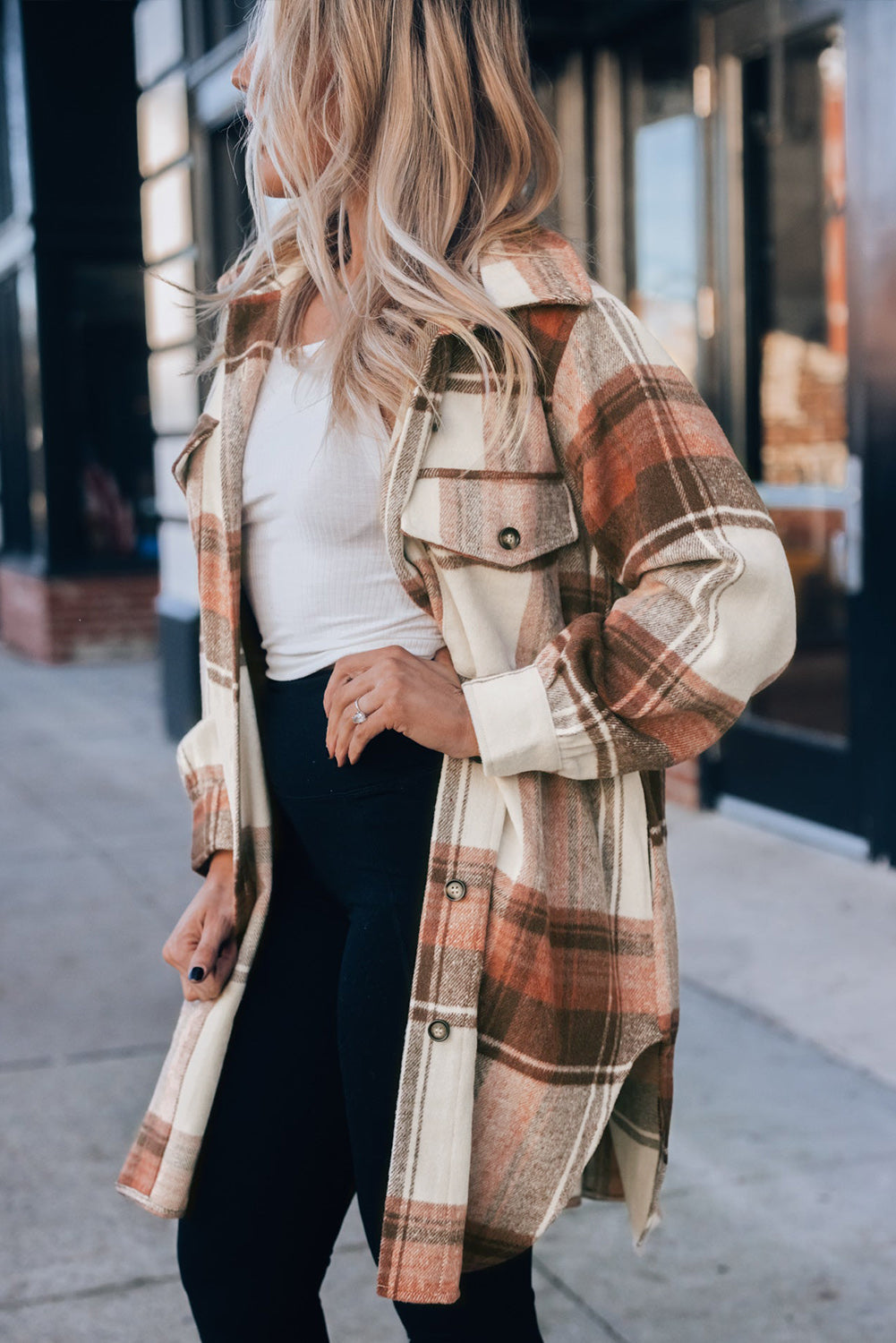 Brown Plaid Print Flap Pockets Long Shacket - Chic Meadow Boutique 