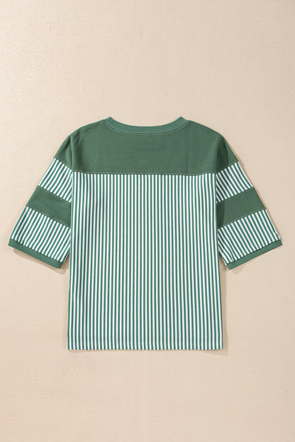 Mist Green Striped Patchwork 3/4 Sleeve Oversize Top