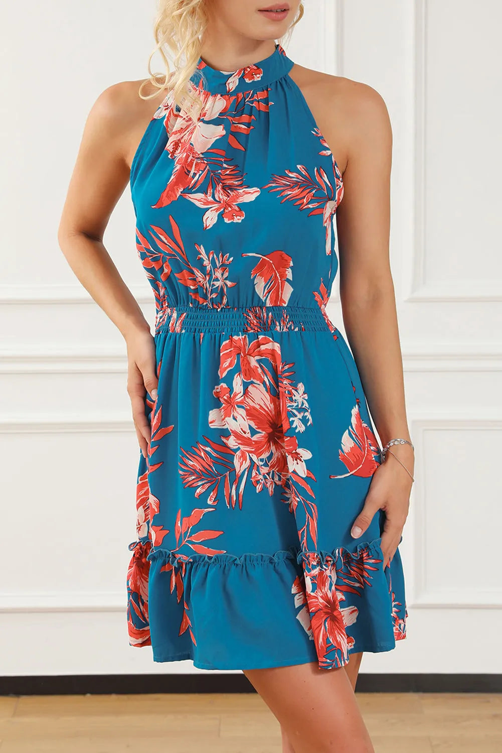 Sky Blue Floral Print Sleeveless Ruffled Mini Dress - Chic Meadow Boutique 