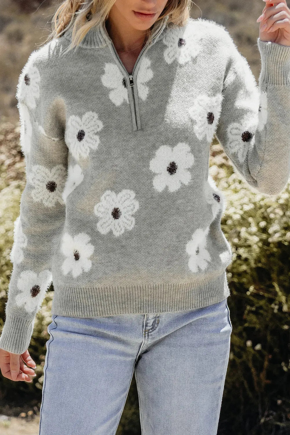 Gray Floral Pattern Half Zip Drop Shoulder Sweater - Chic Meadow Boutique 