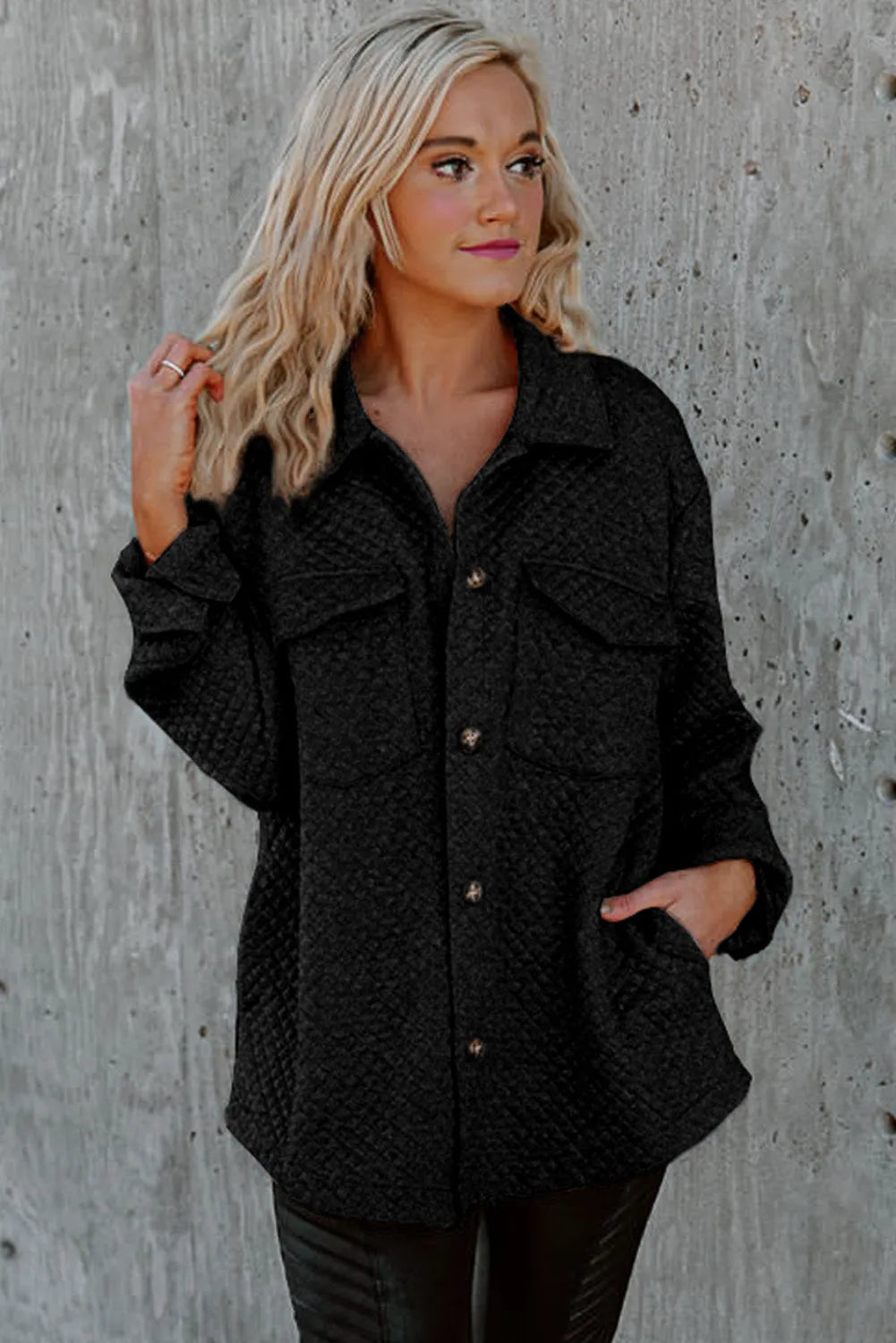 Black Retro Quilted Flap Pocket Button Shacket - Chic Meadow Boutique 