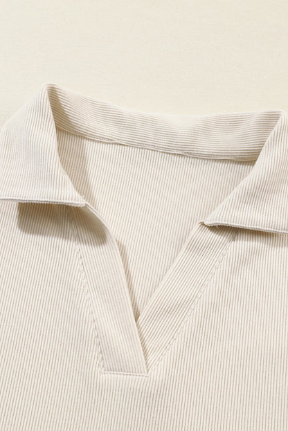 Beige Collared Split Neck Ribbed 2pcs Athleisure Outfit