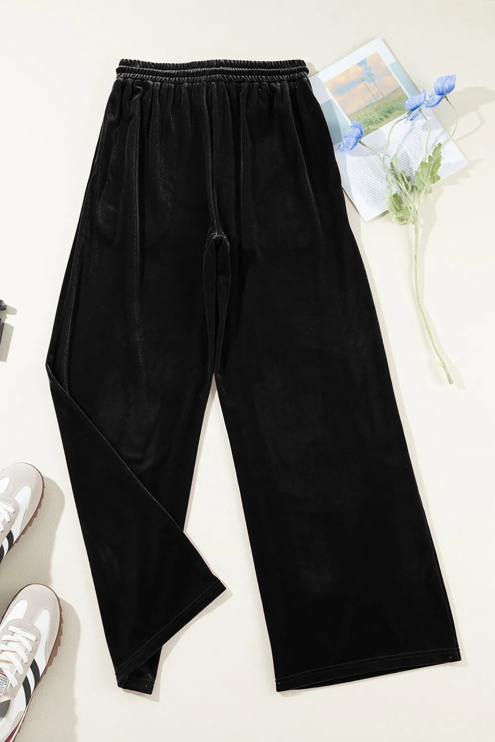 Black Solid Drawstring Waist Wide Leg Pants - Chic Meadow Boutique 