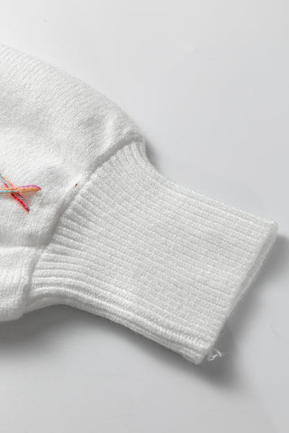 White Rainbow Stitching Balloon Sleeve Relaxed Sweater