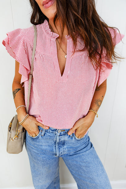 Red Stripe Frilly Split Neck Double Ruffled Short Sleeve Blouse