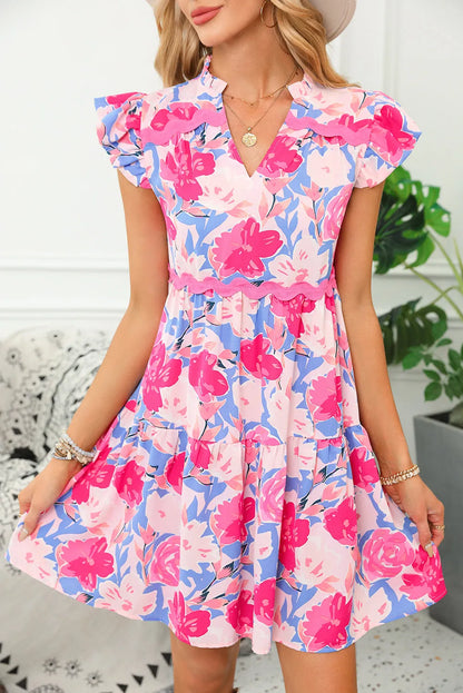 Pink Floral Printed V Notched Ric Rac Flutter Sleeve Dress - Chic Meadow Boutique 