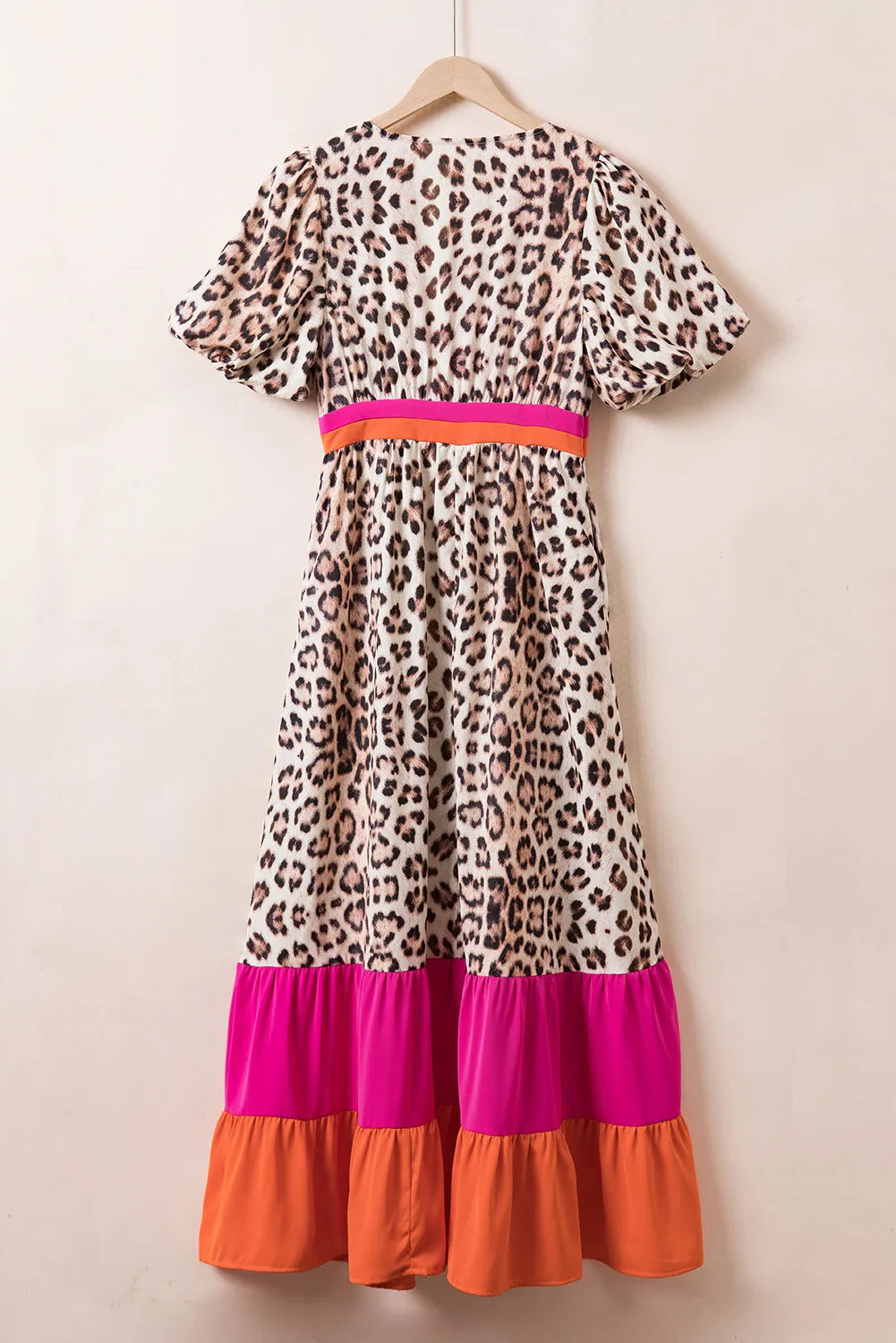 Bright Pink Leopard Colorblock Patchwork Bubble Sleeve Maxi Dress - Chic Meadow Boutique 