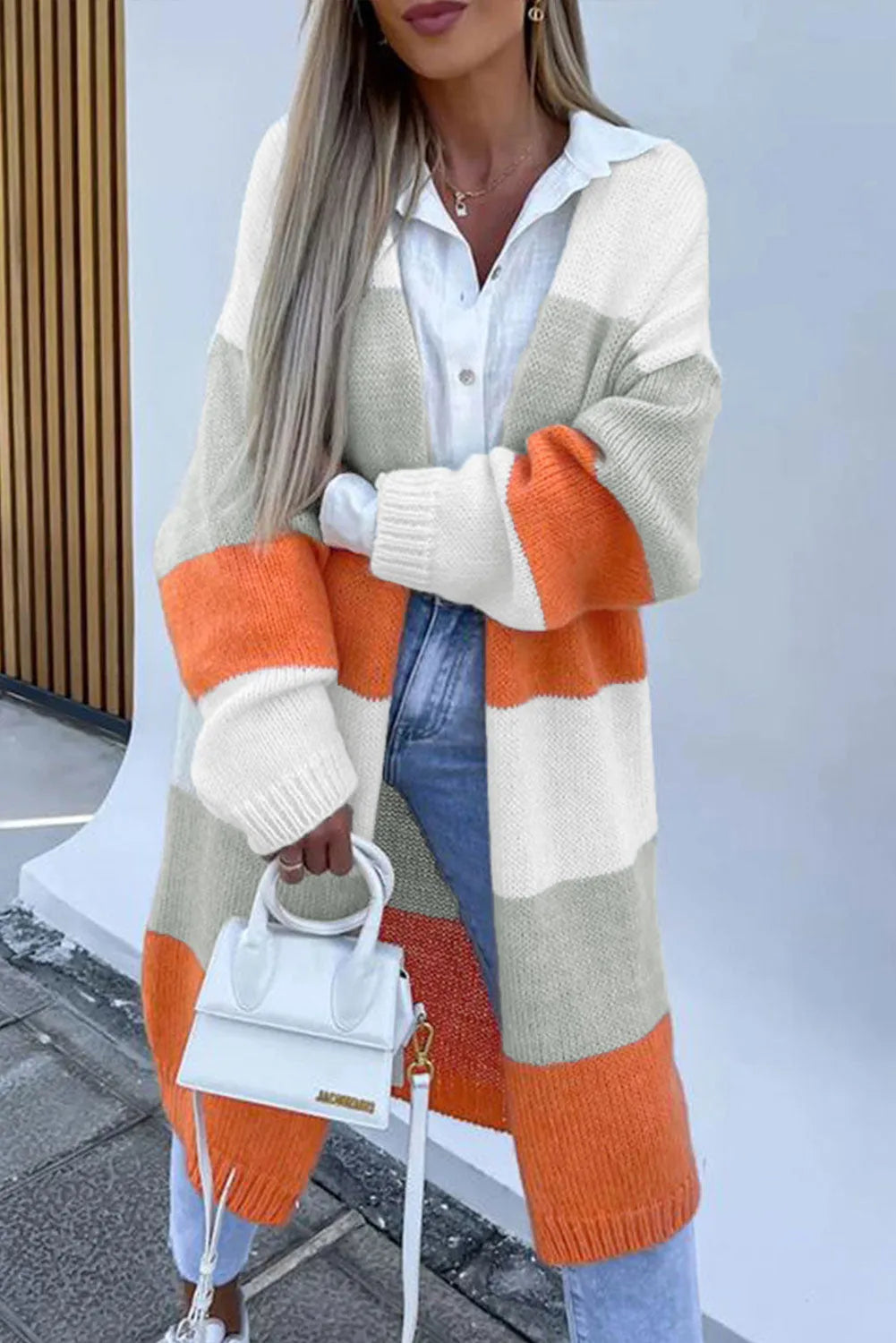 Orange Striped Color Block Drop Shoulder Midi Cardigan - Chic Meadow Boutique 