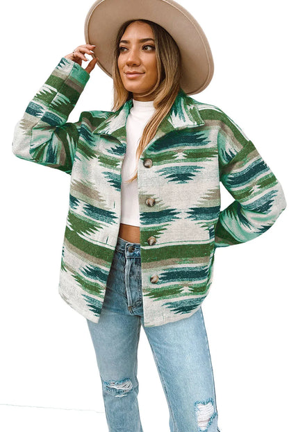 Blackish Green Aztec Print Button Up Long Sleeve Jacket - Chic Meadow Boutique 