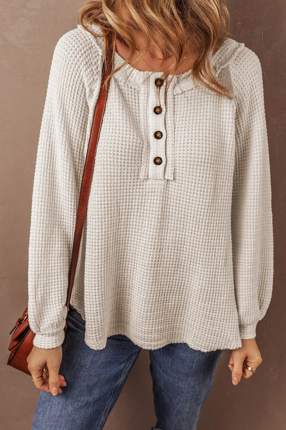 Oatmeal Waffle Knit Buttoned Front Raglan Sleeve Loose Blouse - Chic Meadow Boutique 