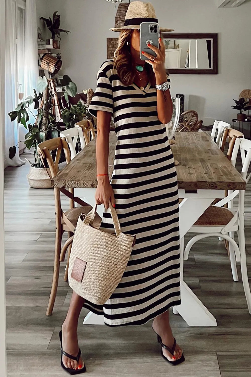 Black Stripe Print V Neck Maxi Dress with Side Splits - Chic Meadow Boutique 