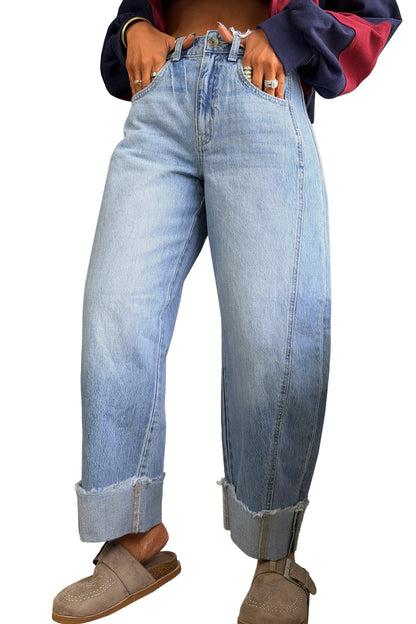 Myosotis Raw Hem Turnup Loose Ankle-length Jeans