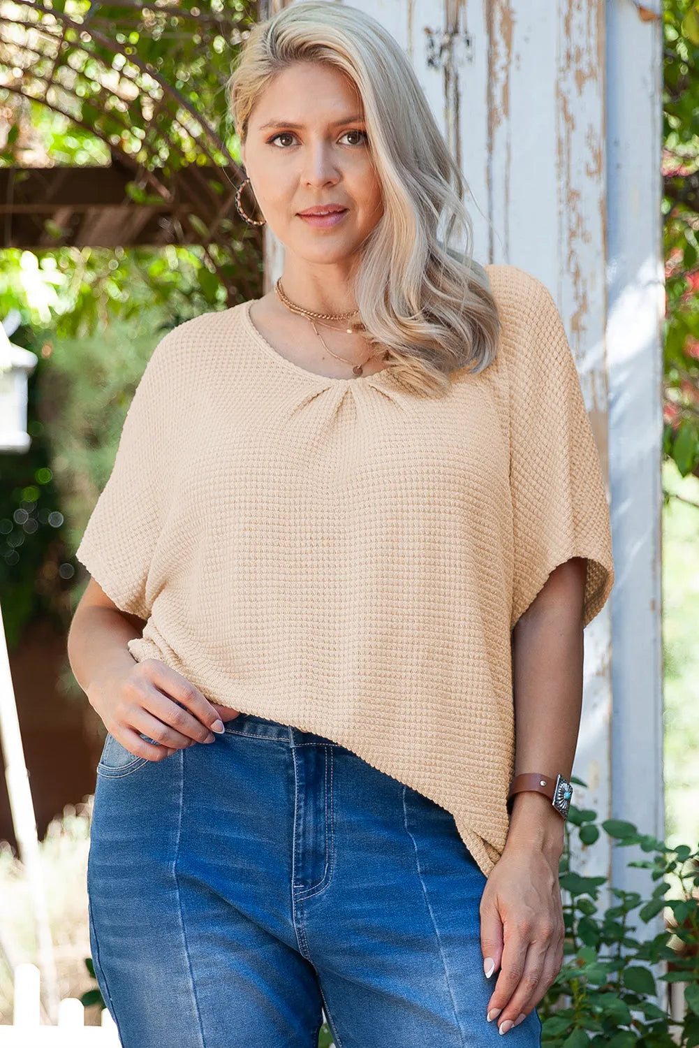 Beige Guipure Lace Insert Textured Plus Size Tee - Chic Meadow Boutique 