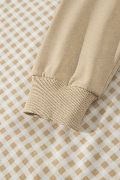 Khaki Color Block Plaid Patchwork Long Sleeve Pullover Wide Leg Pant Set