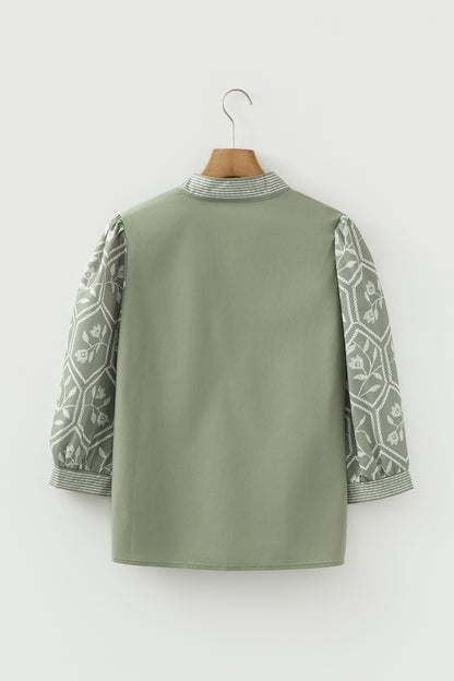 Grass Green Floral Puff Sleeve Contrast V Neck Patchwork Blouse