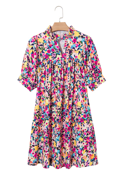 Pink Floral Puff Short Sleeve V Neck Mini Dress