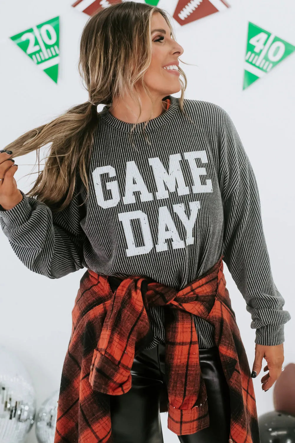 Dark Grey Corded GAME DAY Graphic Long Sleeve Crewneck Top - Chic Meadow Boutique 