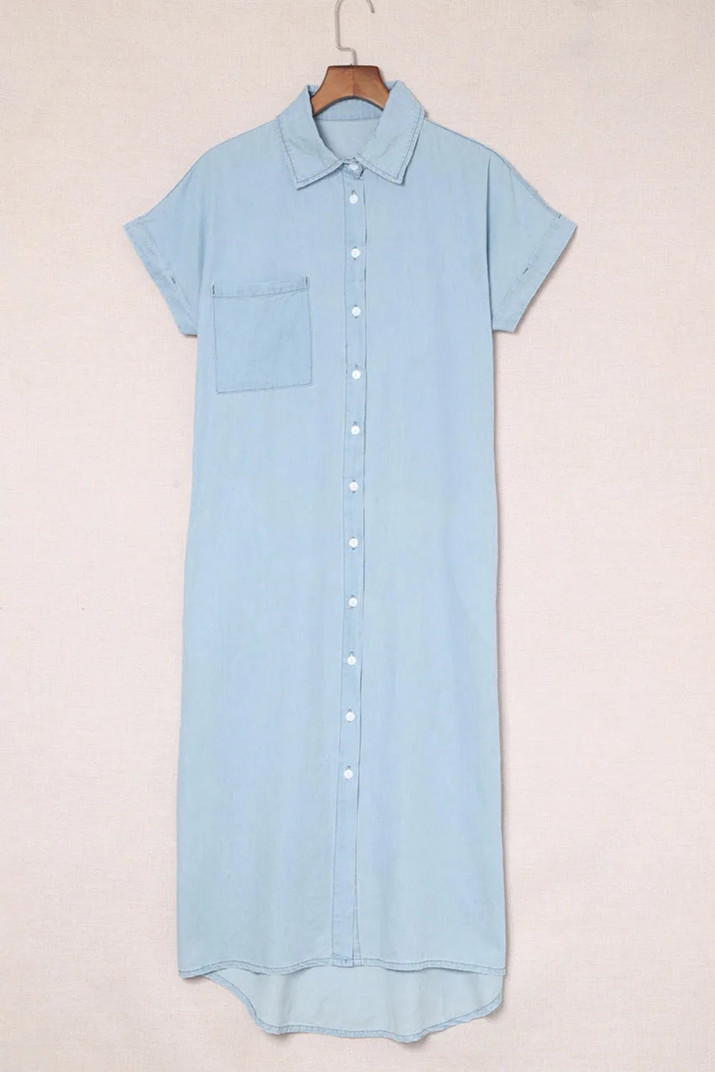 Sky Blue Chambray Shirt Short Sleeves Midi Dress - Chic Meadow Boutique 