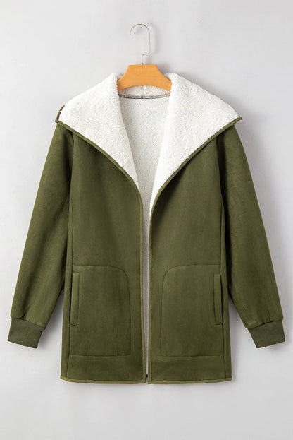 Green Faux Suede Fleece Lined Open Front Jacket - Chic Meadow Boutique 