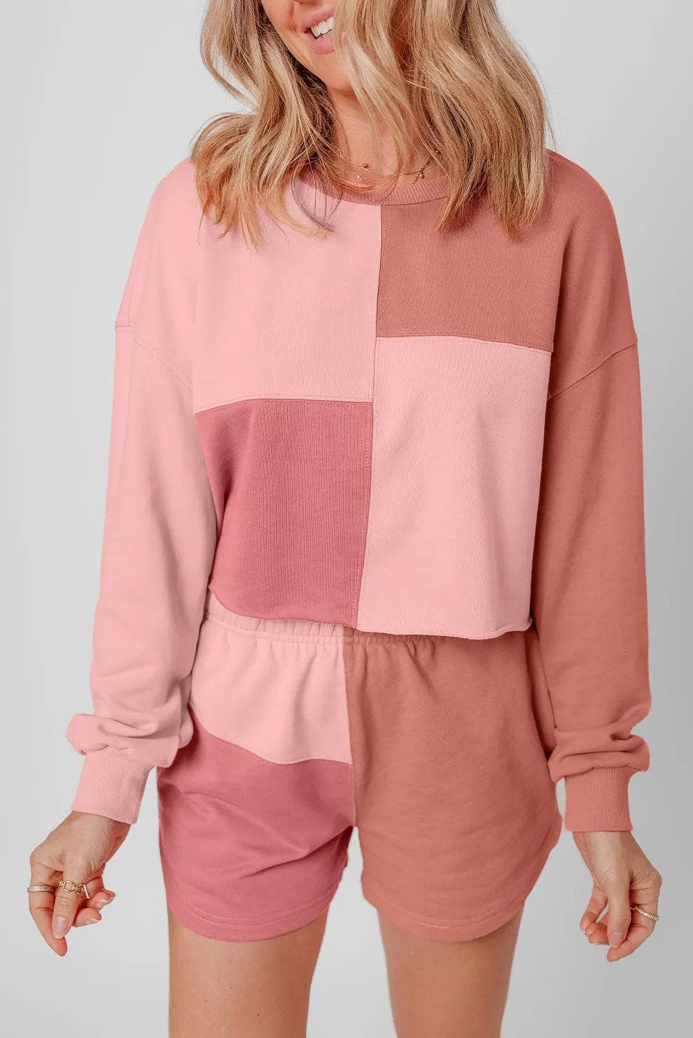 Peach Blossom Colorblock Patchwork Long Sleeve Shorts Outfit - Chic Meadow Boutique 