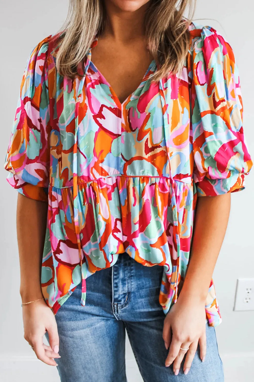 Rose Red Abstract Print Drawstring V Neck Half Sleeve Blouse - Chic Meadow Boutique 