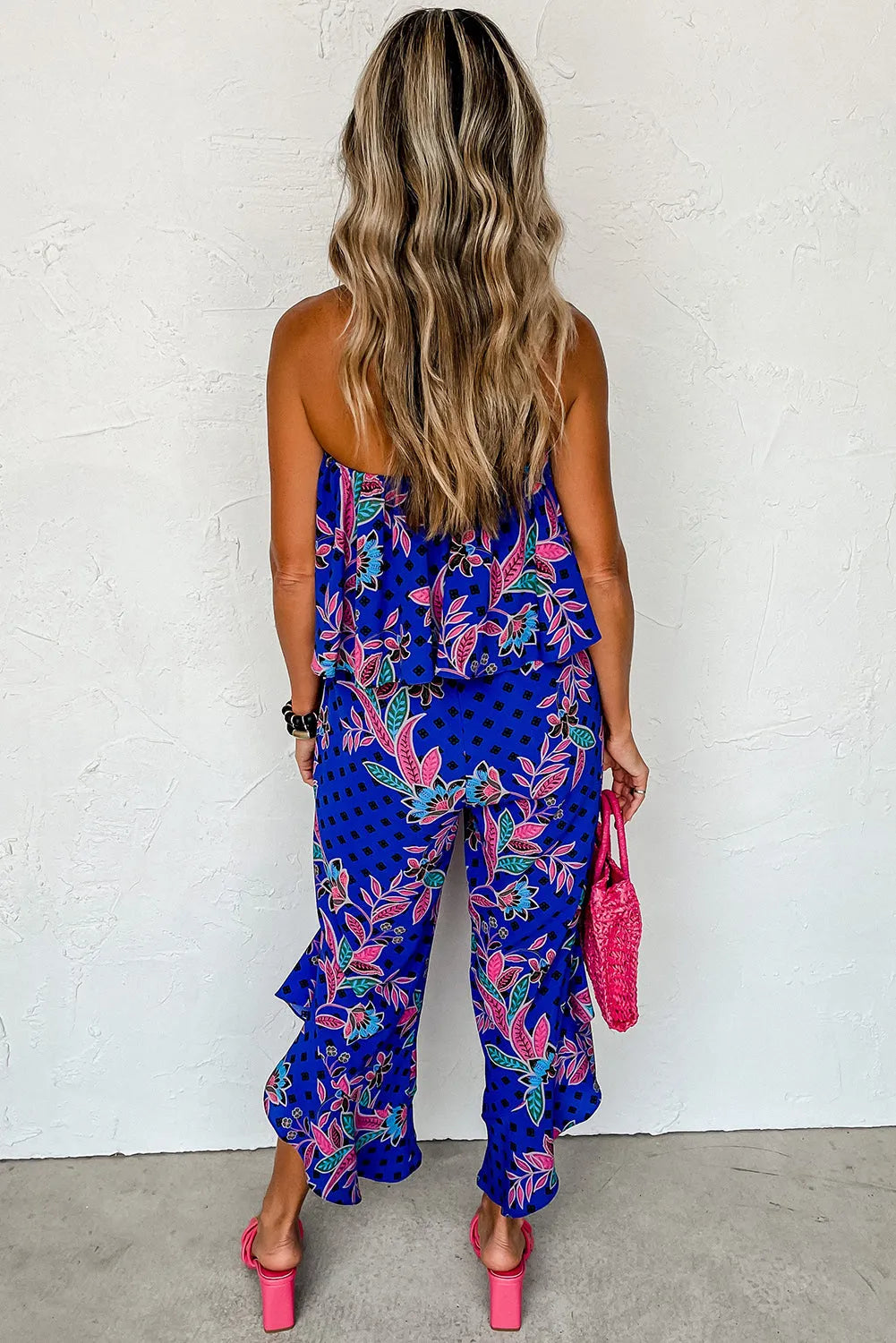 Blue Mix Tropical Print Strapless Ruffled Jumpsuit - Chic Meadow Boutique 