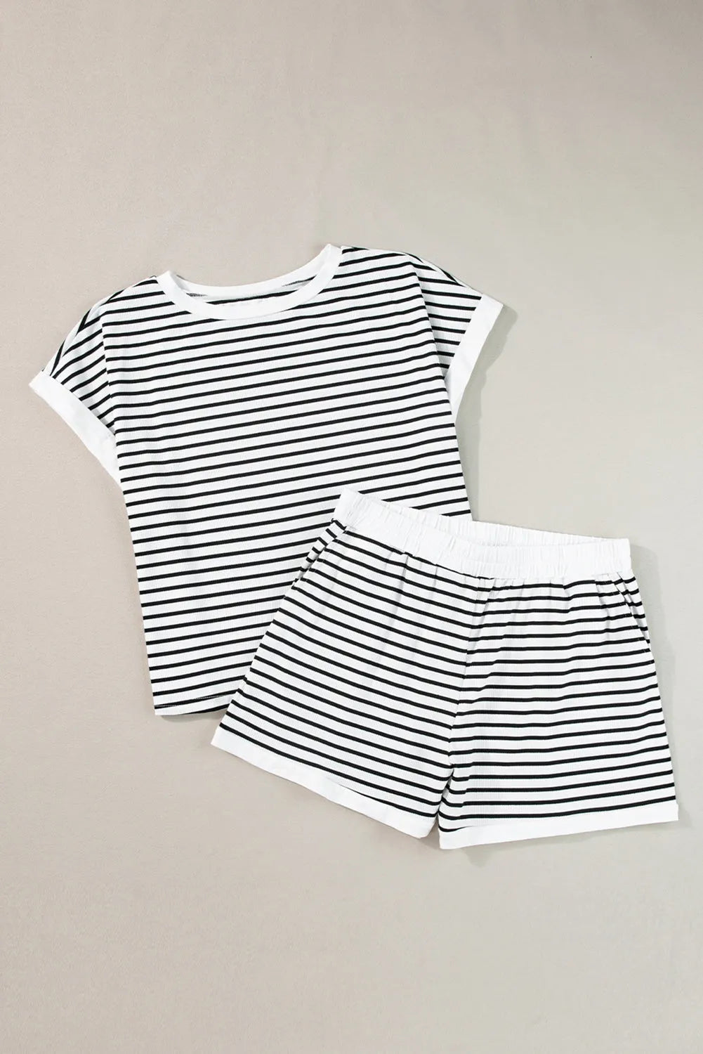 White Stripe Contrast Edge Tee and Shorts Set - Chic Meadow Boutique 