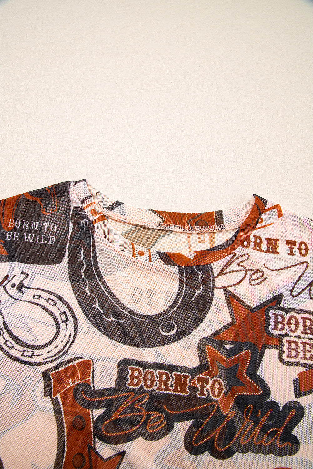 Brown Western Horseshoe Printed Mesh T Shirt