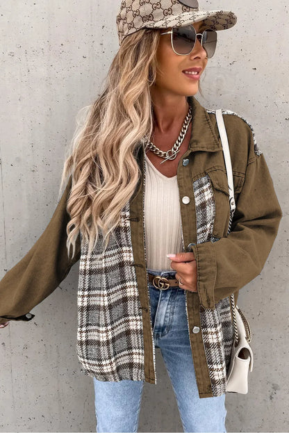 Brown Plaid Patchwork Pockets Denim Jacket - Chic Meadow Boutique 