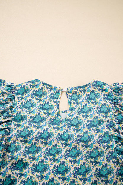 Green Abstract Print Shirred Cuff Puff Sleeve Blouse