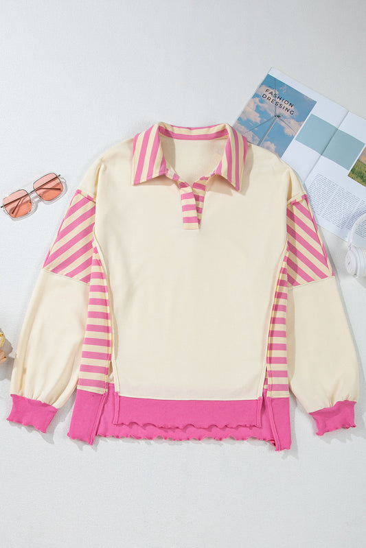 Pink Stripe Colorblock Patchwork Collared French Terry Knit Top