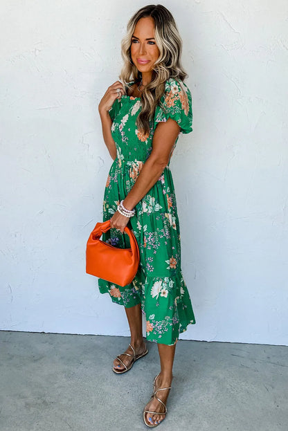 Green Floral Print Bubble Sleeve Smocked Tiered Midi Dress - Chic Meadow Boutique 