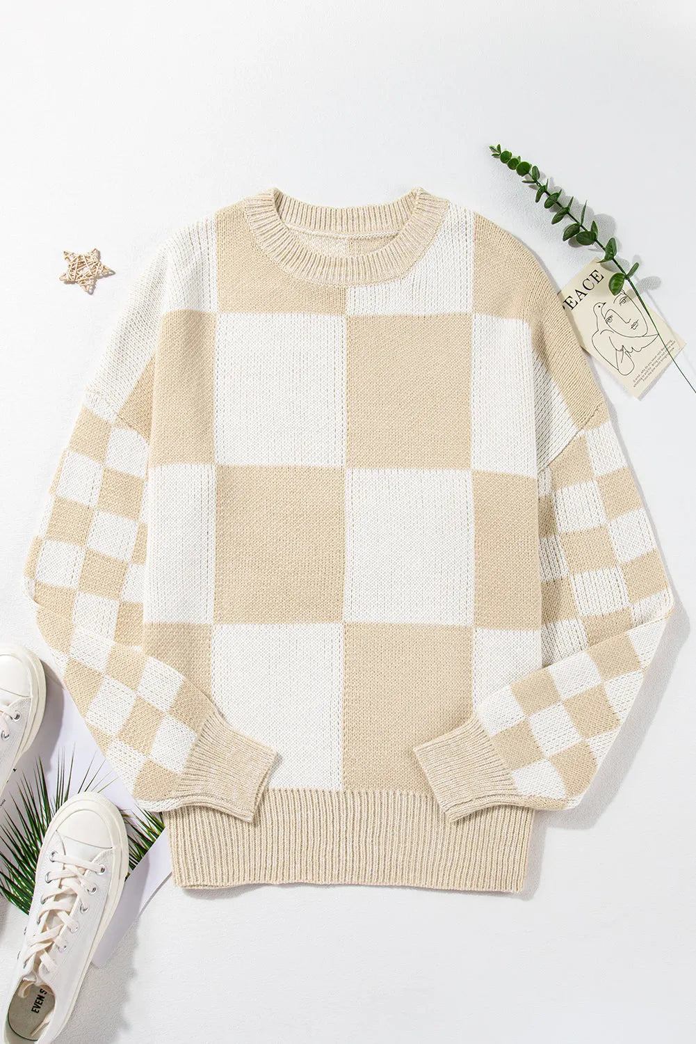 Flaxen Checkered Print Drop Shoulder Sweater - Chic Meadow Boutique 