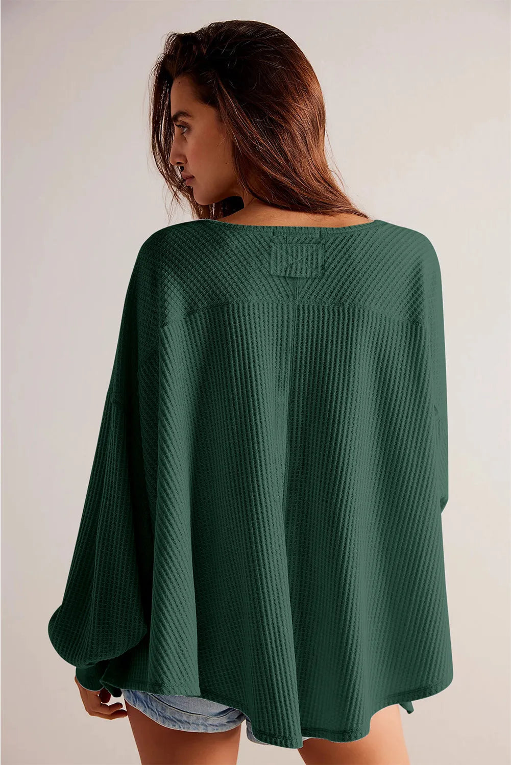 Blackish Green Waffle V Neck Long Sleeve Drop Shoulder Loose Blouse - Chic Meadow Boutique 