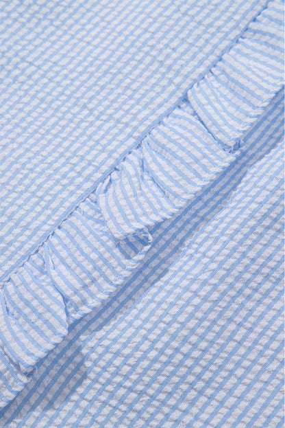 Beau Blue Striped Ruffle Short Bubble Sleeve Shirt