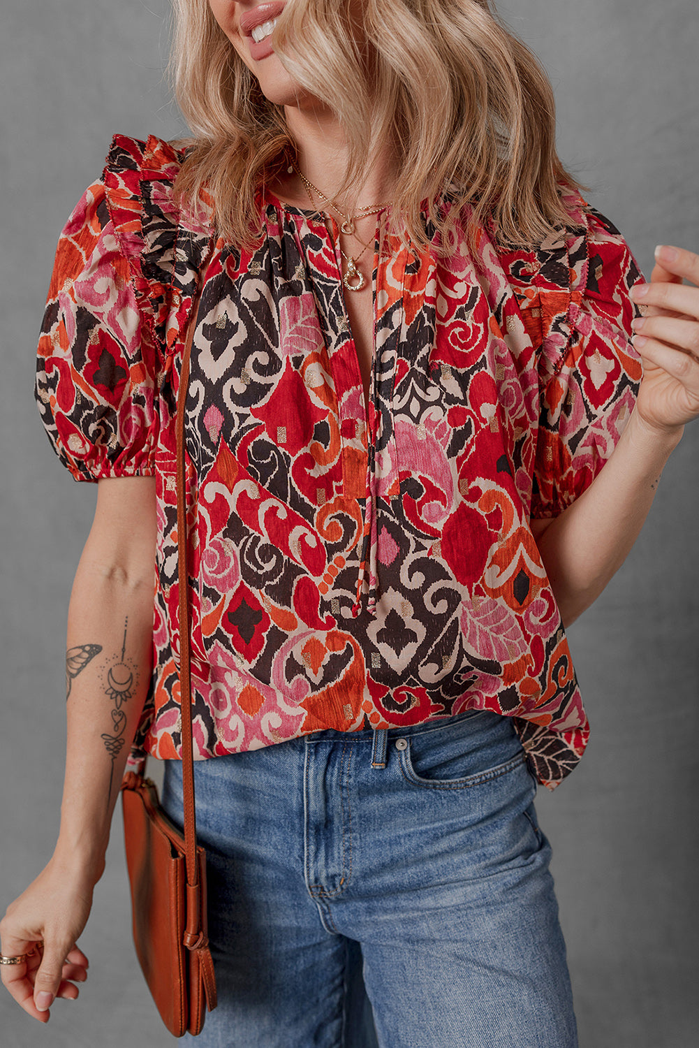 Red Ethnic Print Split Neck Short Puff Sleeve Blouse